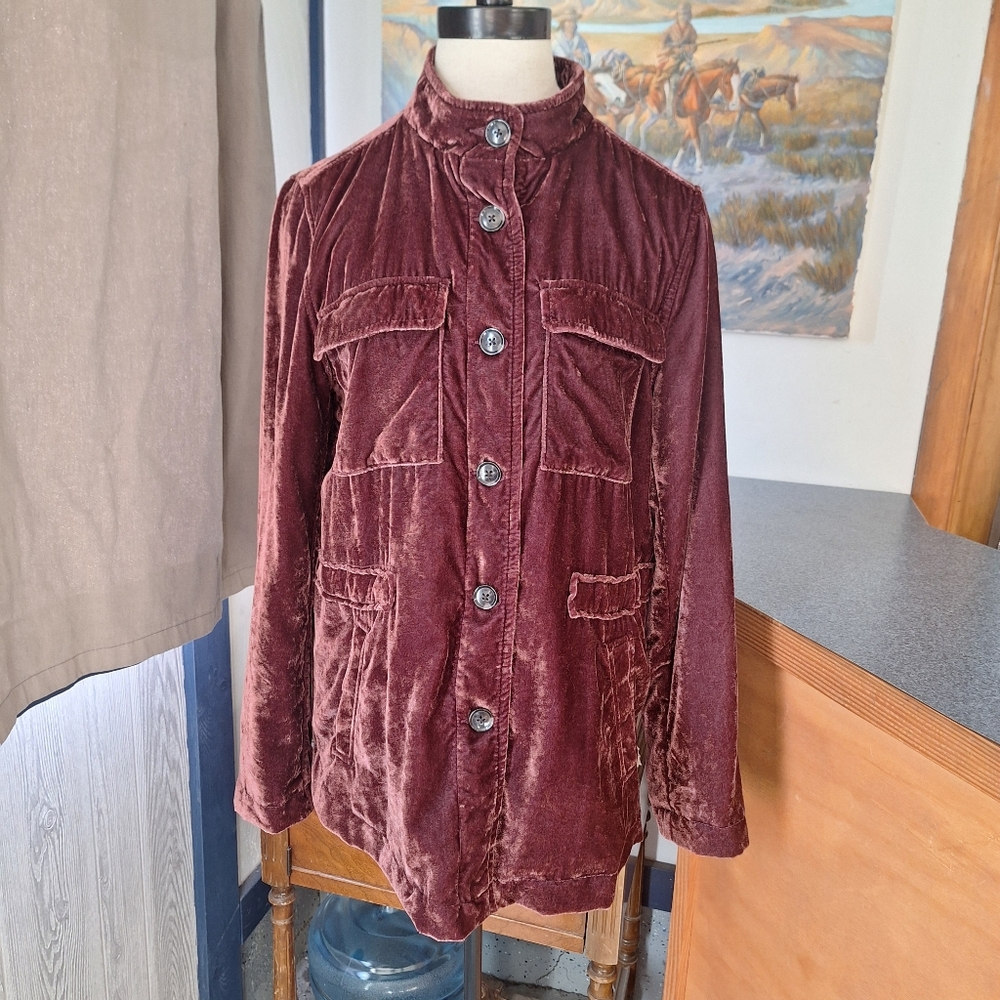 LOFT Crushed Velvet "Mauve Berry" Button Front Utility Jacket, Medium, RN#140923